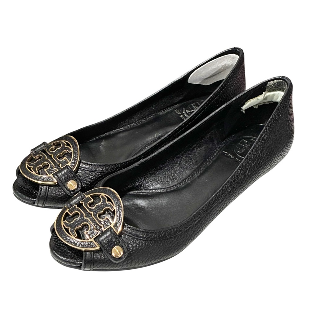 Tory Burch Amanda Demi Wedge Black Open Toe Leather Logo Size 6.5‎